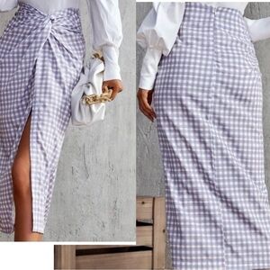 Zara purple blue plaid check front high slit twist knot midi pencil skirt S NWT